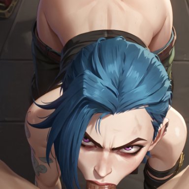 arcane, league of legends, netflix, arcane jinx, jinx (league of legends), 1girls, 2boys, angry, angry expression, angry face, big ass, blowjob, blue eyes, blue hair, bubble butt