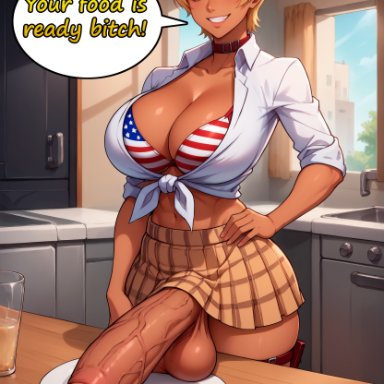 shokugeki no souma, mito ikumi, viralcat, 1futa, abs, aged up, american flag, american flag bikini, athletic futanari, balls, big breasts, blonde hair, bottomless skirt, breasts, choker