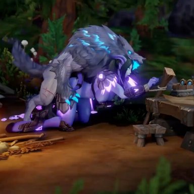 warcraft, world of warcraft, draenei, draenei female, kaya, lehornysfx3d, opennsfwsp, raptoraudiosfx, vellektra, all fours, animal genitalia, bound, bound wrists, canine, canine penis