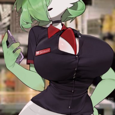 nintendo, pokemon, gardevoir, generation 3 pokemon, pok&#233;mon (species), yuio, 1girls, anthro, anthro only, breasts, chest spike, cleavage, clothed, female, green hair