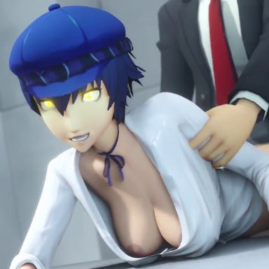 persona, persona 4, shirogane naoto, amateurthrowaway, ayyteethreedee, bent over, blue eyes, blue hair, clothed, clothing, from behind, hat, sex, table, 3d