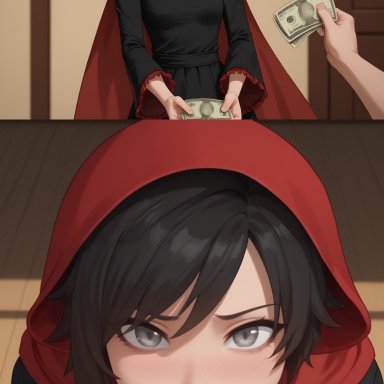 rwby, ruby rose, 1boy, 1girls, black hair, blowjob, blowjob pov, blush, cloak, cock, cum, cum in mouth, cum inside, deep blowjob, deep throat