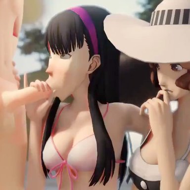 atlus, megami tensei, persona, persona 4, persona 5, sega, amagi yukiko, haru okumura, amateurthrowaway, delalicious3, rubyredva, 1boy, 2girls, alternate costume, areola