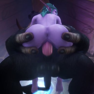 warcraft, world of warcraft, night elf, tauren, tauren male, tyrande whisperwind, noname55, anus, ass grab, balls, black body, black fur, elf, elf ears, elf female