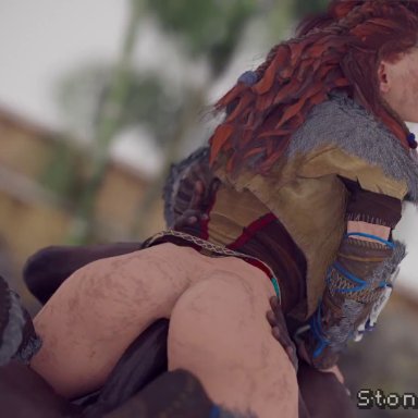 horizon zero dawn, aloy, aloy (horizon), stoneddude, anal, anal sex, big ass, big breasts, big penis, dark-skinned male, huge ass, huge breasts, interracial, 3d, animated