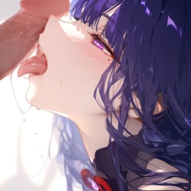 genshin impact, raiden shogun, miurai, blowjob, licking, licking penis, oral, precum, purple hair, saliva, saliva trail, tongue out, ai generated