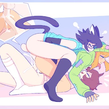 claude (amaruu), gero (amaruu), original character, amaruu, 3boys, anal, anal sex, arm warmers, armwear, balls, black hair, blush, bottomless, cat ears, catboy