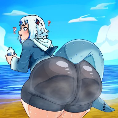 hololive, hololive english, anon, gawr gura, wiirart, ?, 1girls, ass, ass bigger than head, beach, behind view, big ass, big butt, blue eyes, bottom heavy