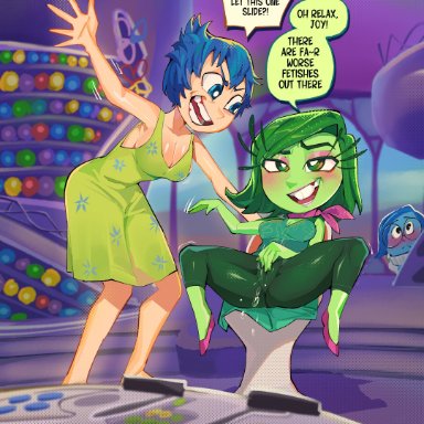 inside out, disgust (inside out), joy (inside out), sadness (inside out), differland, diforland, 3girls, blue body, blue hair, blue skin, disgusting, green hair, green skin, masturbating, masturbation