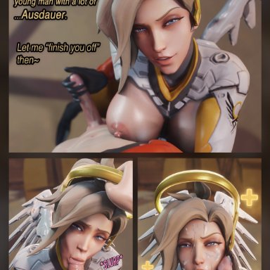 blizzard entertainment, overwatch, overwatch 2, angela ziegler, mercy, hasfeldt, :&gt;=, 1boy, 1girls, after fellatio, blonde hair, blue eyes, breasts, cum in mouth, cum on face