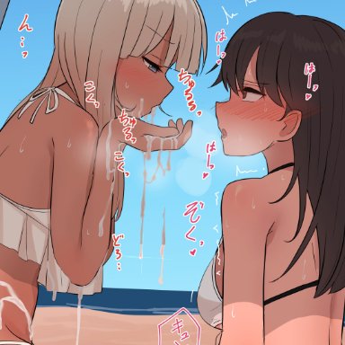 original, duke shiwa, shiwa kou, 1futa, 1girls, back, beach, bikini, black bikini, black hair, blonde hair, blunt bangs, blush, breasts, brown eyes