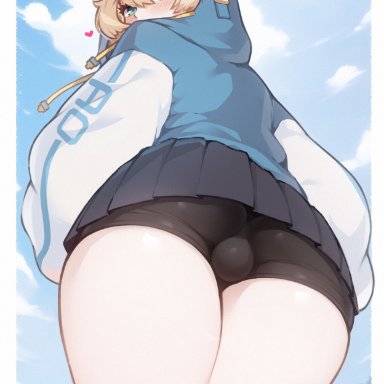 guilty gear, guilty gear strive, bridget, merrytail, 1boy, ass, ass focus, big ass, big thighs, blonde hair, bulge, bulge through clothing, femboy, looking at viewer, solo