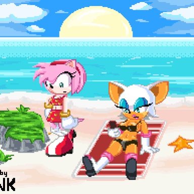 sega, sonic (series), sonic the hedgehog (series), amy rose, rouge the bat, nk2000, 2girls, ass, beach, breast grab, breast sucking, breasts, dildo, female, female ejaculation