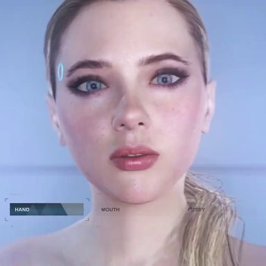 detroit: become human, chloe (detroit: become human), yellowbea, 1girl, 1girls, 1male, android, blonde hair, blue background, blue eyes, eyelashes, eyes closed, eyeshadow, female, hair over shoulder