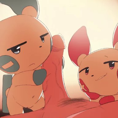 nintendo, pokemon, generation 3 pokemon, minun, plusle, pokemon (species), greatm8sfm, arevix, big head, blue body, bodily fluids, cheekjob, chibi, duo, erection