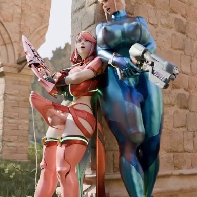 nintendo, pyra, pyra (xenoblade), samus aran, evilzorak, milkygirls, 2futas, bulge, bulge through clothing, continuous ejaculation, cum, cumshot, ejaculation, erection under clothes, excessive cum