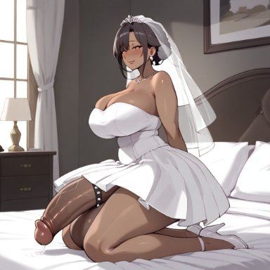 oc, spartan25, 1futa, bed, bedroom, cock ring, dark-skinned futanari, futanari, huge balls, huge cock, hyper penis, kneeling, spiked cock ring, wedding dress, ai generated