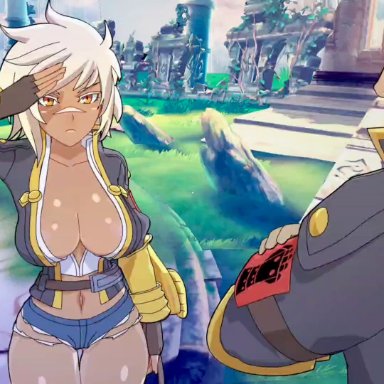 blazblue, bullet (blazblue), amplected, 1girls, ass, ass focus, ass jiggle, ass shake, big breasts, bouncing ass, bouncing breasts, dark skin, pushups, short shorts, shorts