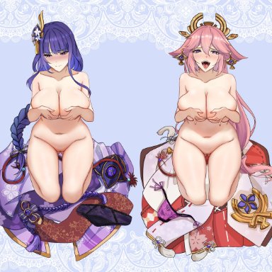 genshin impact, raiden shogun, yae miko, meiozawa93712, ozawa mei, 2girls, ahe gao, aroused, ass visible through thighs, bow panties, braid, braided hair, clothes on floor, completely naked, covering breasts