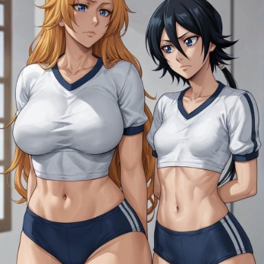 bleach, matsumoto rangiku, soifon, gekky flames, 2girls, big breasts, black hair, blue eyes, breast envy, buruma, fit female, ginger hair, huge breasts, navel, ponytail