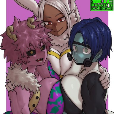 my hero academia, bubble girl, kaoruko awata, mina ashido, miruko, rumi usagiyama, shosho oekaki, 3girls, age difference, black sclera, blue body, breast press, green eyes, horns, looking at viewer