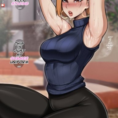 jujutsu kaisen, kugisaki nobara, almualim, 1girls, armpit fetish, armpit focus, armpit peek, armpits, arms behind head, arms up, big ass, big breasts, blushing, blushing at viewer, clothed