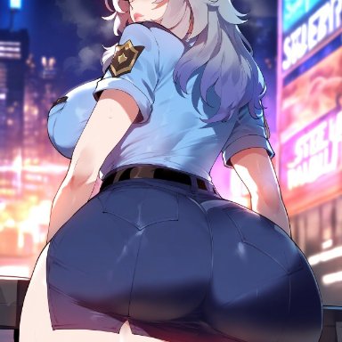 honkai: star rail, stelle (honkai: star rail), miyuai, 1girls, ass, ass cleavage, ass focus, big ass, big breasts, big butt, big thighs, city, female, female focus, female only