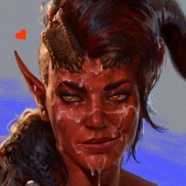 baldur's gate, baldur's gate 3, bioware, electronic arts, karlach, tiefling, justsomenoob, bedroom eyes, black hair, bodily fluids, broken horn, cum, cum drip, cum on face, curved horn