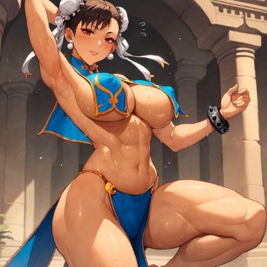 capcom, street fighter, chun-li, alex-schura, 1girls, abs, accessories, adapted costume, alternate costume, arabian clothes, armpits, belly dancer, belly dancer outfit, big breasts, blunt bangs