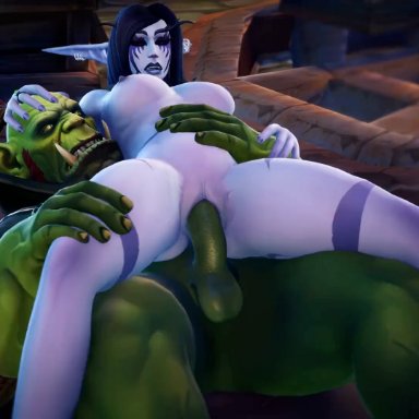 blizzard entertainment, warcraft, world of warcraft, night elf, orc (warcraft), shaurin truestrike, bombowykurczak, munt works, thegworks, 1boy, 1girls, blue skin, bouncing breasts, cowgirl position, elf