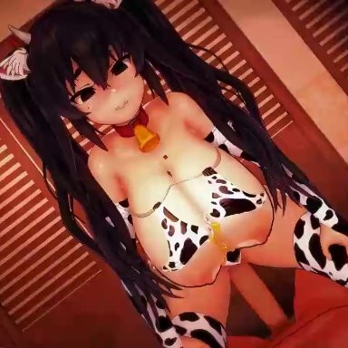 sopra amane, freecott, kiaps, 1boy, 1girl1boy, 1girls, bell collar, big breasts, black hair, choker, collar, cow ears, cow legwear, cow print, cowgirl position