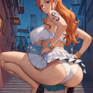 one piece, nami, nami (one piece), alex-schura, 1girls, ass, back, bangle, bangs, bare shoulders, black footwear, bracelet, breasts, brown eyes, clothes lift