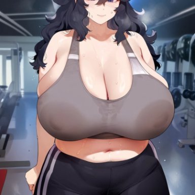 nintendo, pokemon, pokemon xy, hex maniac, areolae visible through clothing, bbw, big woman, bigger female, blue eyes, chubby female, fat, fat female, fat woman, gigantic breasts, gym