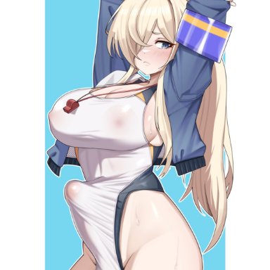 blue archive, kanna (blue archive), kanna (swimsuit) (blue archive), wujack2211, 1futa, animal ear fluff, animal ears, armband, arms up, big breasts, big penis, blonde hair, blue background, blue eyes, blue jacket