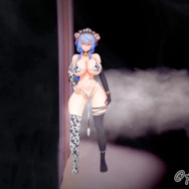 blacked, genshin impact, ganyu (genshin impact), krackdraw, balls, bathroom, big breasts, big butt, big penis, bikini, blowjob gesture, blue hair, bodily fluids, body writing, cow ears