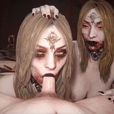 capcom, resident evil, resident evil 8: village, bela (resident evil), daniela (resident evil), checkpik, evilaudio, jellyfishjubilee, 2girls, 2girls1boy, black lipstick, black nails, blonde hair, blood, blood on face