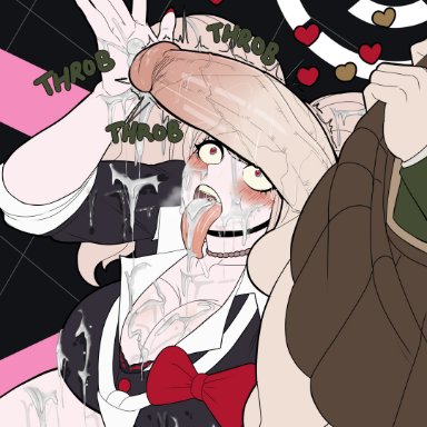 danganronpa, danganronpa: trigger happy havoc, fujisaki chihiro, junko enoshima, cedric dewitt, 1boy, 1femboy, 1girls, androgynous, arm up, balls, big balls, big breasts, big penis, blonde hair