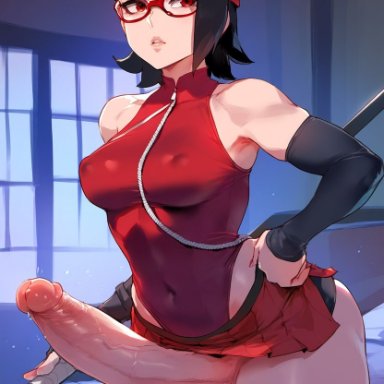 boruto: naruto next generations, naruto, sarada uchiha, uchiha sarada, racerai, 1girls, after sex, cum, futanari, huge ass, testicles, ai generated