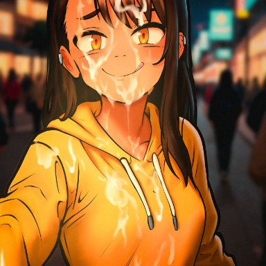 please don't bully me, nagatoro, hayase nagatoro, tsuiimon, 1girls, after fellatio, asymmetrical bangs, black hair, blurry, breasts, brown eyes, casual bukkake, cum, cum on body, cum on breasts, cum on clothes