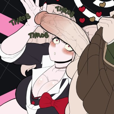 danganronpa, danganronpa: trigger happy havoc, fujisaki chihiro, junko enoshima, cedric dewitt, :o, 1boy, 1girls, androgynous, arm up, balls, big balls, big breasts, big penis, blonde hair