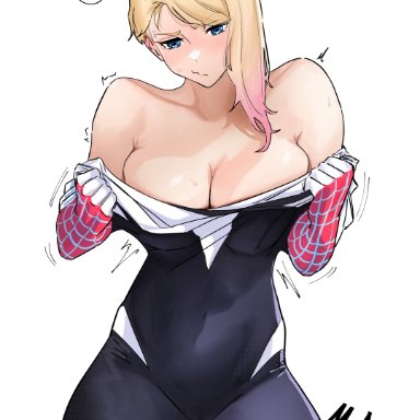 spider-man (series), ghost-spider, gwen stacy, spider-gwen, mugi (mugit49), 1girls, ass visible through thighs, bare shoulders, big breasts, blonde hair, blue eyes, bodysuit, cameltoe, clothes pull, covered navel