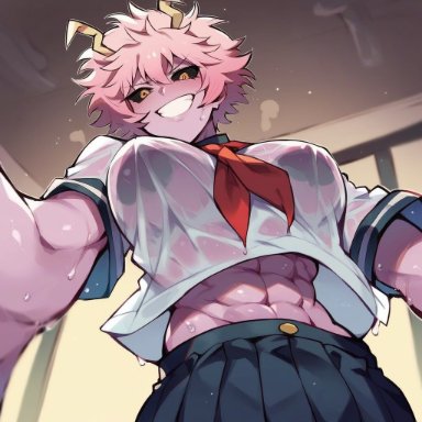 my hero academia, ashido mina, mina ashido, aiposter, abs, breasts, horns, midriff, orange eyes, pink body, pink hair, reaching out, reaching towards viewer, school uniform, see-through