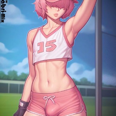 ace of diamond, kominato haruichi, darabri-mix, 1boy, armpits, arms up, blush, bulge, cute, erection, exposed, femboy, feminine male, flashing, flashing penis