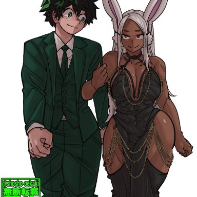 my hero academia, izuku midoriya, miruko, rumi usagiyama, shosho oekaki, age difference, black dress, bunny ears, bunny girl, dark skin, dark-skinned female, green suit, light skin, light-skinned male, suit