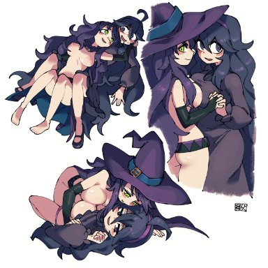 original, pokemon, black mage (shadowkeep), hex maniac, original character, chichibu (watson), 2girls, ahoge, big breasts, black dress, blush, breasts, butt crack, clothed female nude female, dress lift