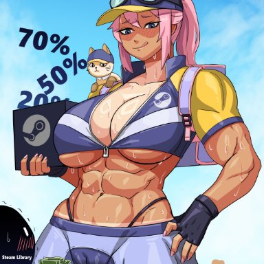 valve, gabe newell, steam delivery girl, f.b.w, backpack, baseball cap, big breasts, bike shorts, blue eyes, blushing, cat, cat ears, dark-skinned female, fit female, goggles