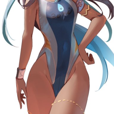 nintendo, pokemon, pokemon ss, nessa (pokemon), momdy (talesshinja), 1girls, black hair, blue eyes, blue hair, dark skin, hand on hip, long hair, looking at viewer, one-piece swimsuit, solo