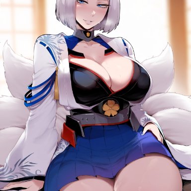 azur lane, kaga (azur lane), floox, thiccwithaq (ai style), 1girls, blue eyes, breasts, female, fox ears, fox girl, hips, huge breasts, kitsune, light skin, light-skinned female