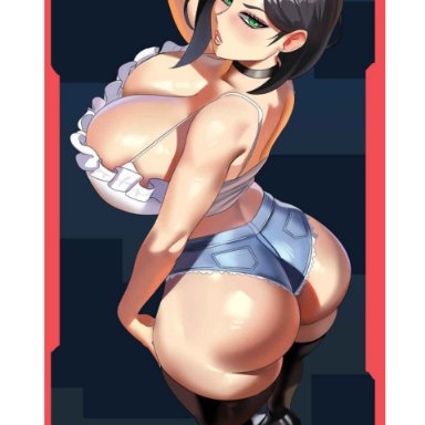 riot games, valorant, viper (valorant), delta26, 1girls, ass, black hair, booty shorts, breasts, dat ass, denim shorts, female, huge ass, large breasts, light skin