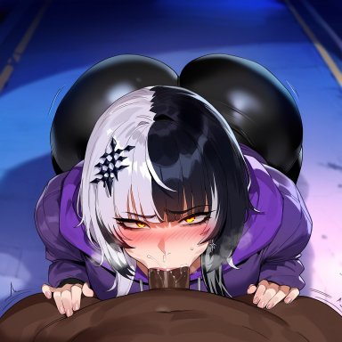 hololive, hololive english, hololive english -advent-, shiori novella, floox, thiccwithaq (ai style), 1boy, 1girls, ass, black hair, blowjob, breasts, dark skin, dark-skinned male, dat ass